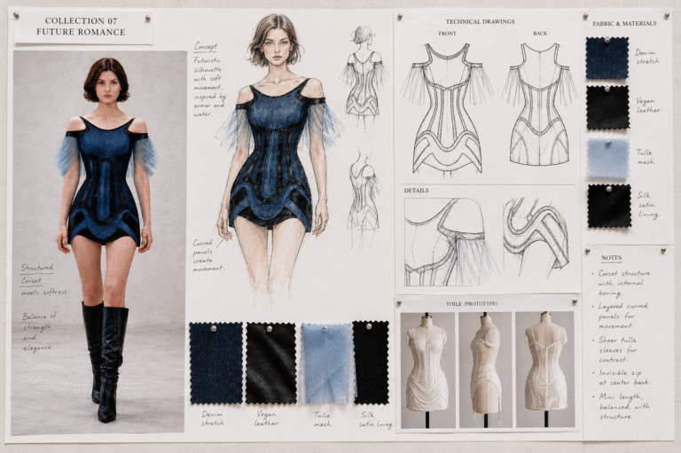 ‏create a realistic sketchboard showing the full development of , including sketches, technical drawings, fabric swatches and notes. Photorealistic, natural light, high-end studio aesthetic